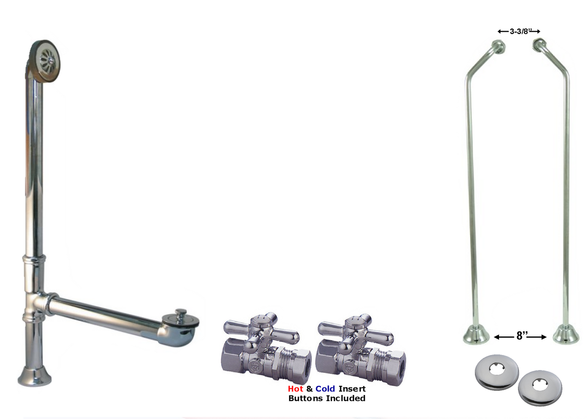 Polished Chrome Clawfoot Drain, Supply & Stop Kit - Double Offset