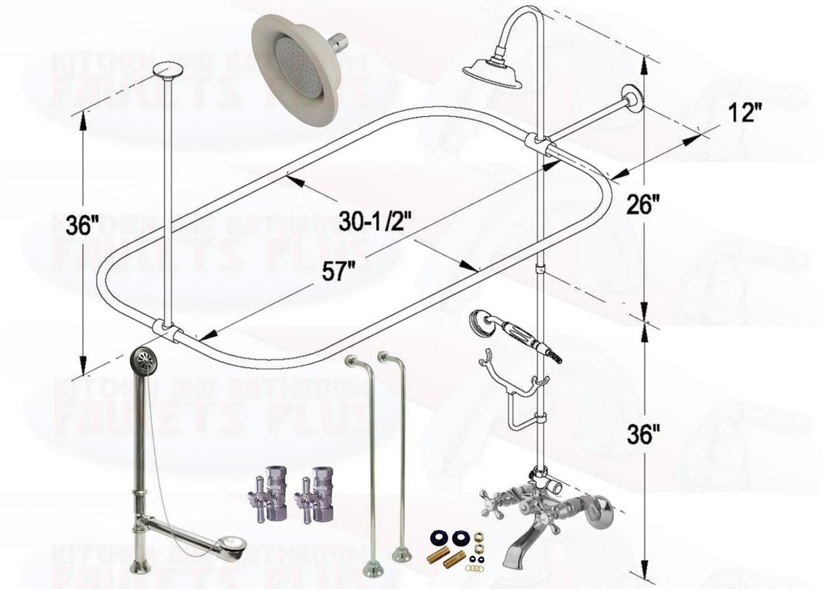 Chrome Clawfoot Tub Faucet Package  Faucet, Oval Shower Enclosure W/Head, Drain & Supply Kit