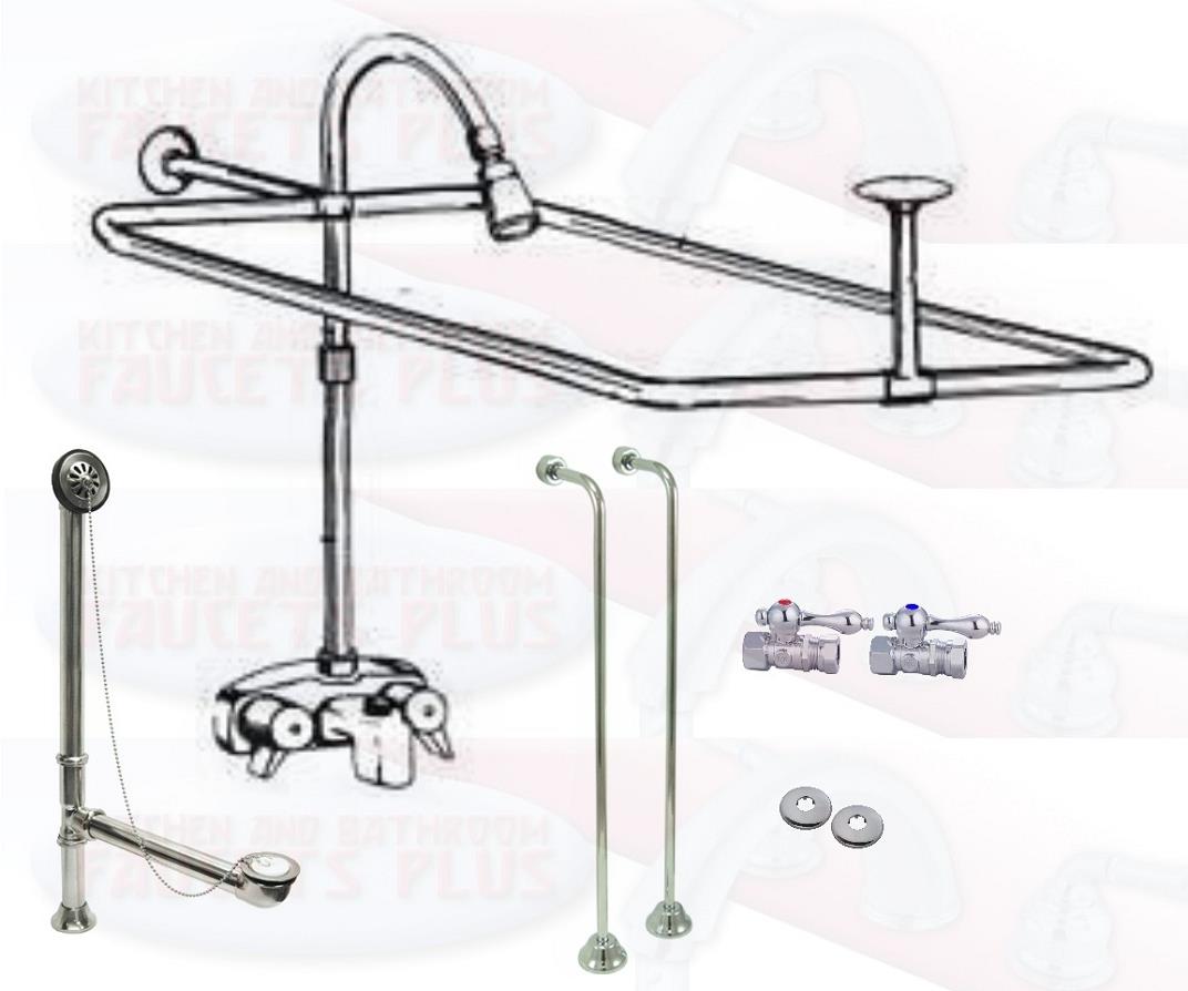 Chrome Clawfoot Tub Faucet Add-A-Shower Kit W/57" x 31" Curtain Rod, Drain & Supplies