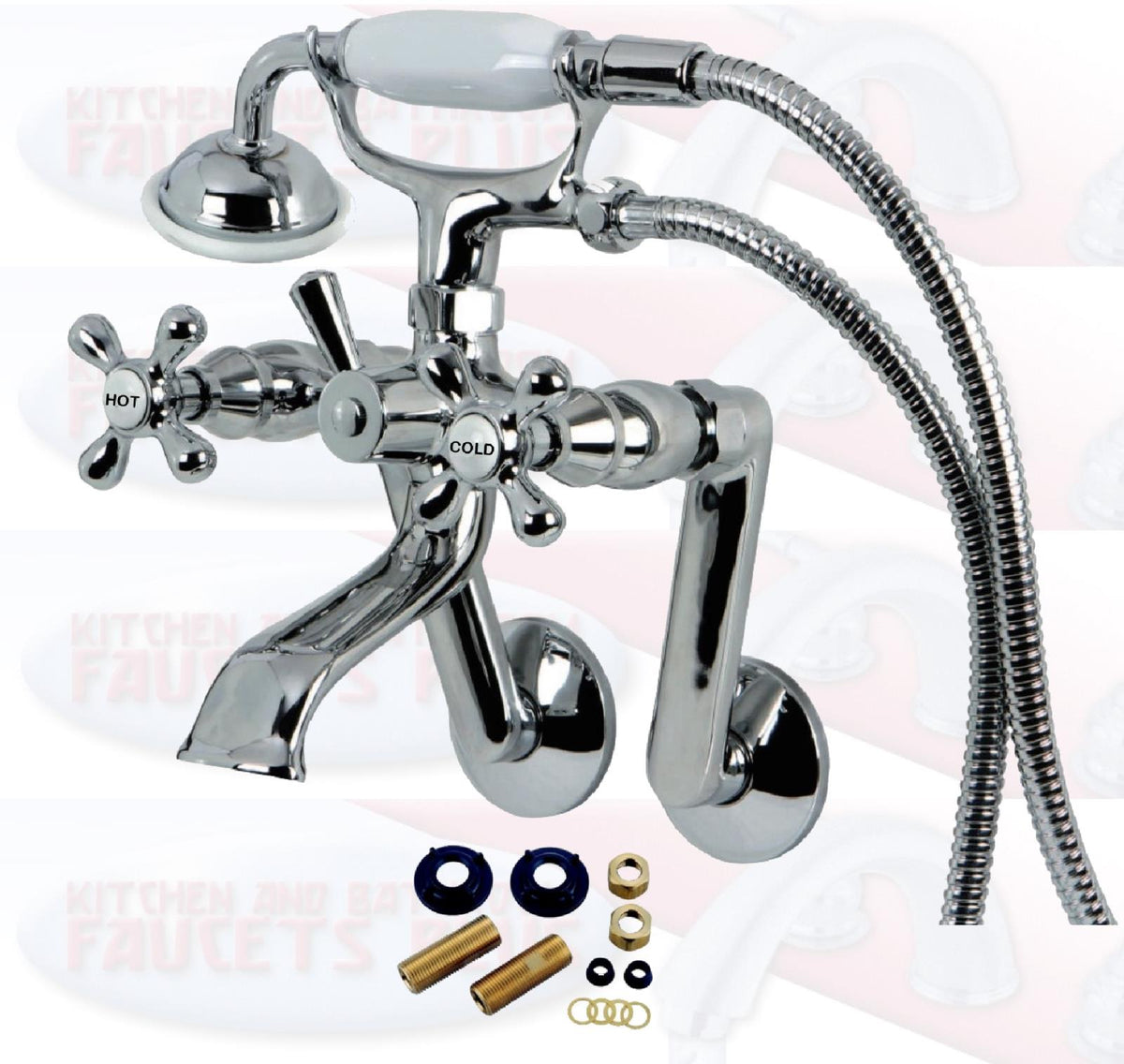 Polished Chrome Vintage Wall Mount Clawfoot Tub Filler With Hand Shower