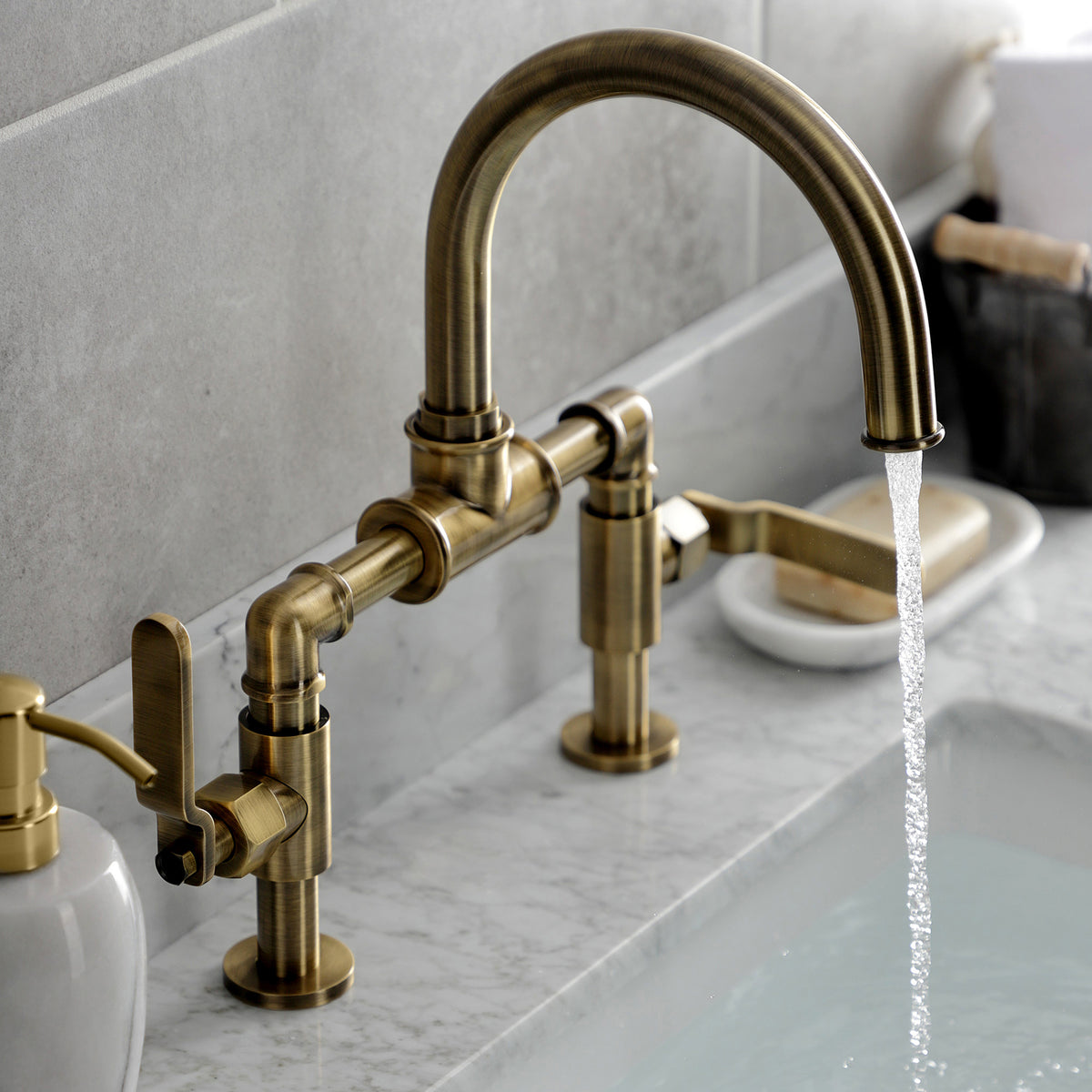 Kingston Brass KS2171KL Whitaker Industrial Style Bridge Bathroom Faucet with Pop-Up Drain