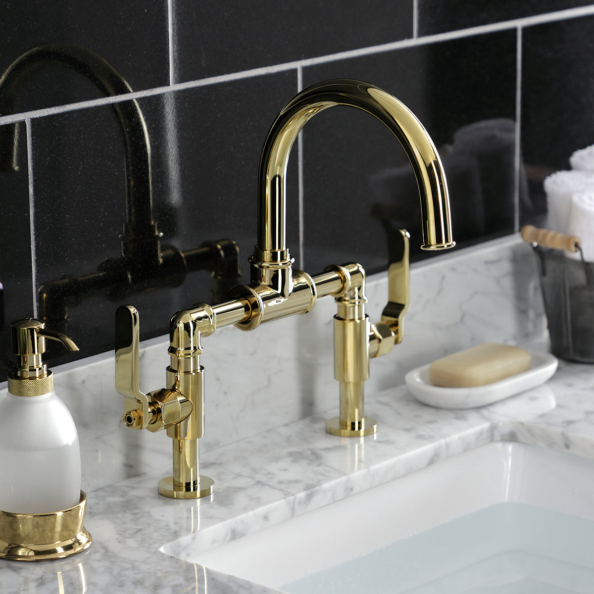 Kingston Brass KS2171KL Whitaker Industrial Style Bridge Bathroom Faucet with Pop-Up Drain
