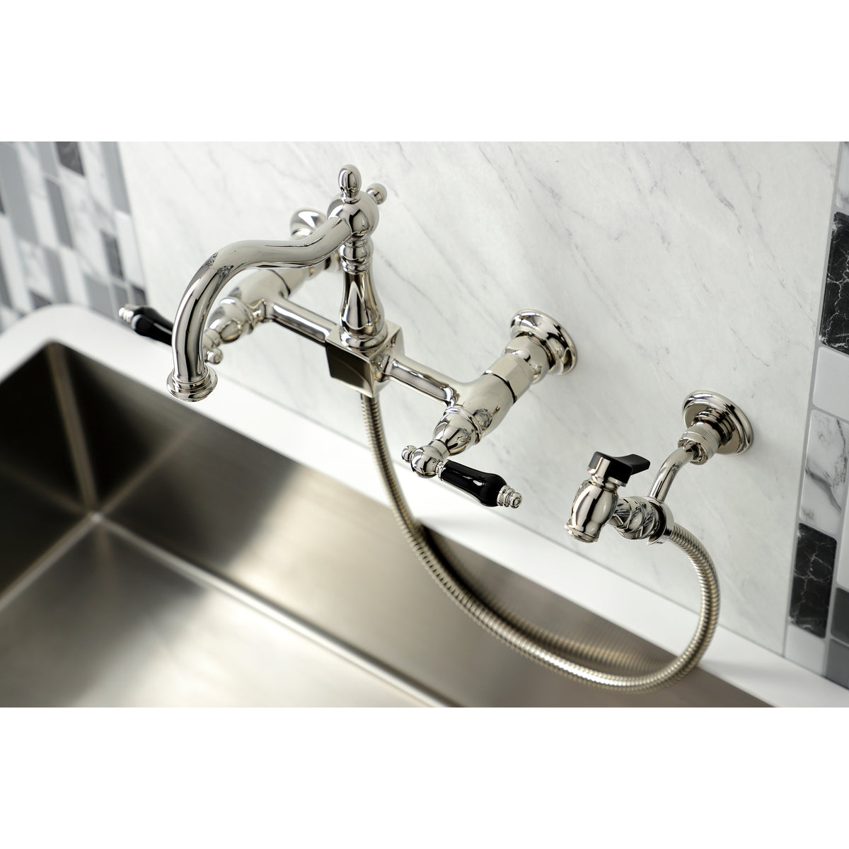 Kingston Brass KS1262PKLBS Duchess Wall Mount Bridge Kitchen Faucet with Brass Sprayer