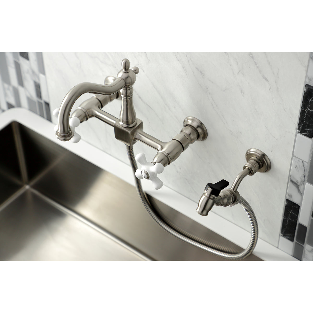 Kingston Brass KS1261PXBS Heritage Wall Mount Bridge Kitchen Faucet with Brass Sprayer