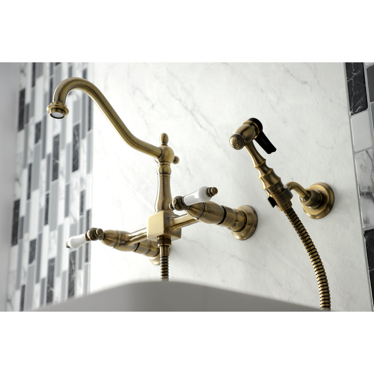 Kingston Brass KS1243PLBS Heritage Wall Mount Bridge Kitchen Faucet with Brass Spray