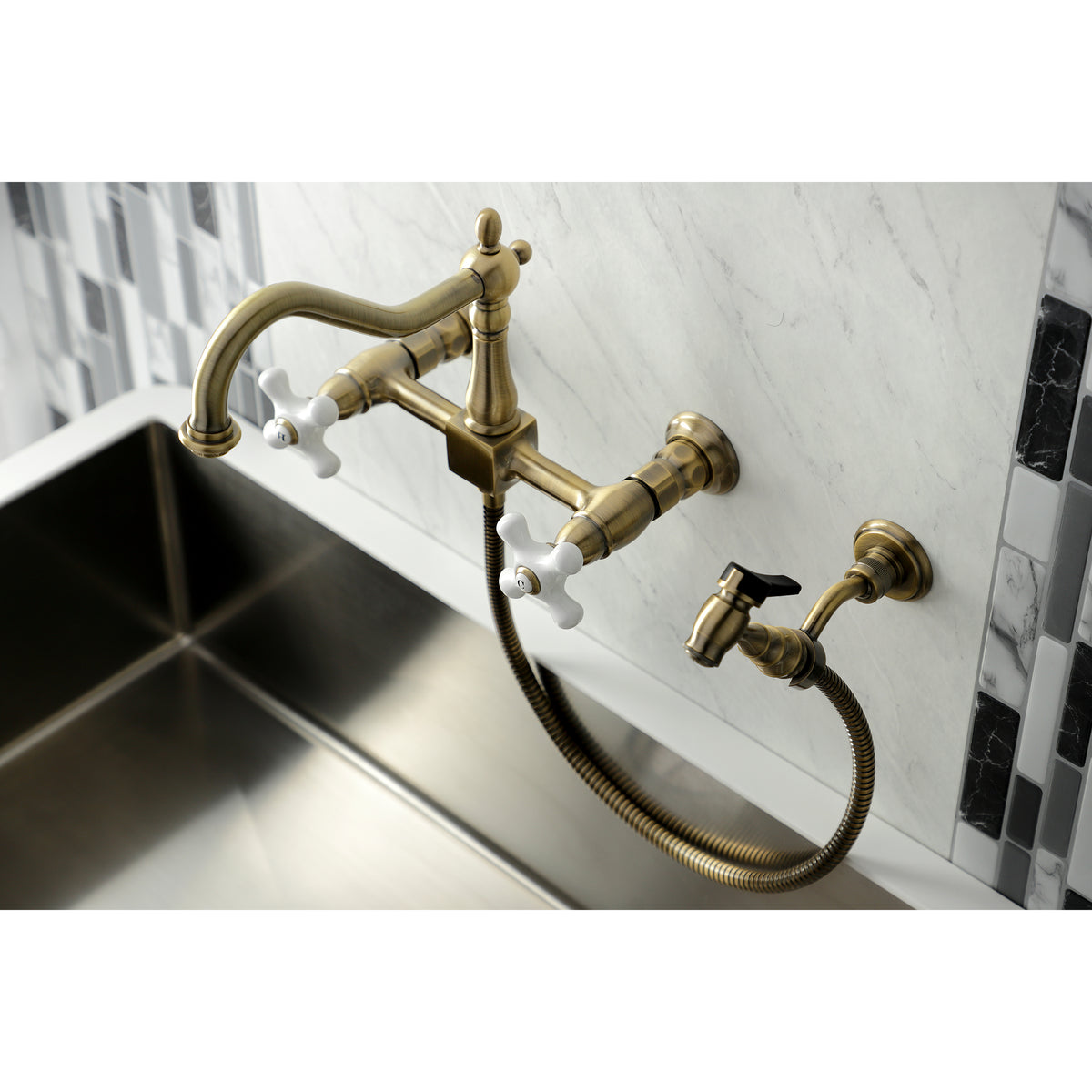 Kingston Brass KS1242PXBS Heritage Wall Mount Bridge Kitchen Faucet with Brass Spray