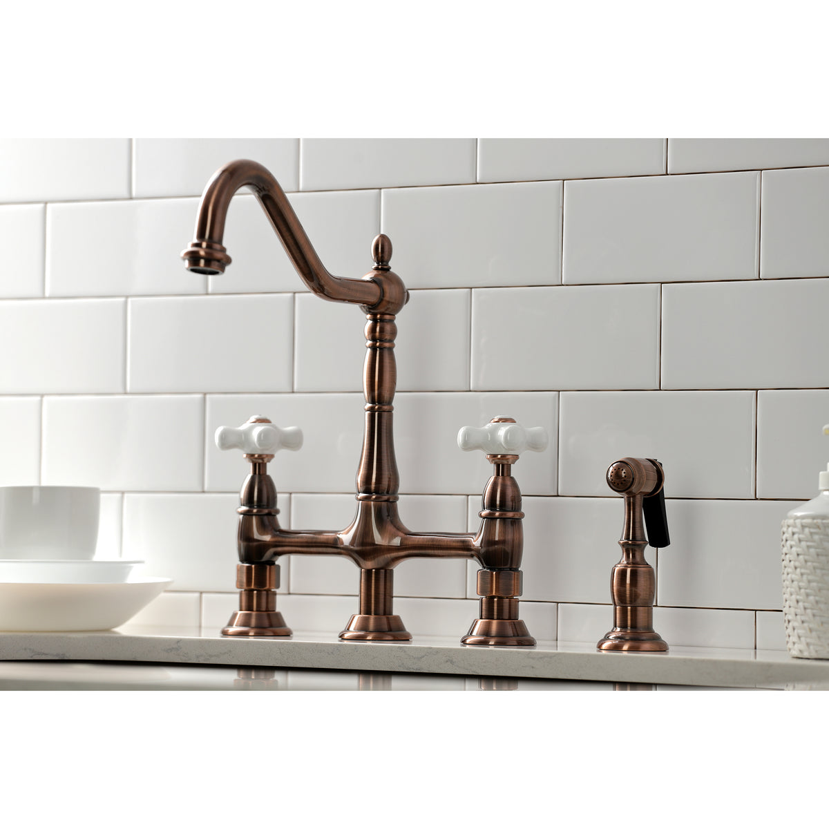 Kingston Brass KS1273PXBS Heritage Bridge Kitchen Faucet with Brass Sprayer