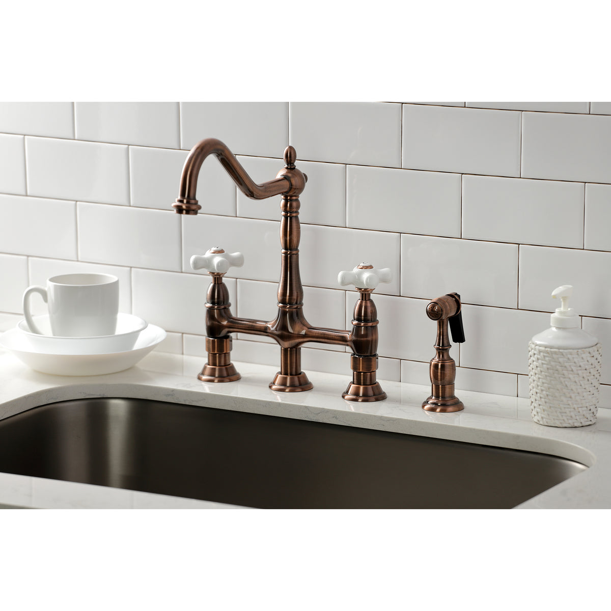 Kingston Brass KS1273PXBS Heritage Bridge Kitchen Faucet with Brass Sprayer