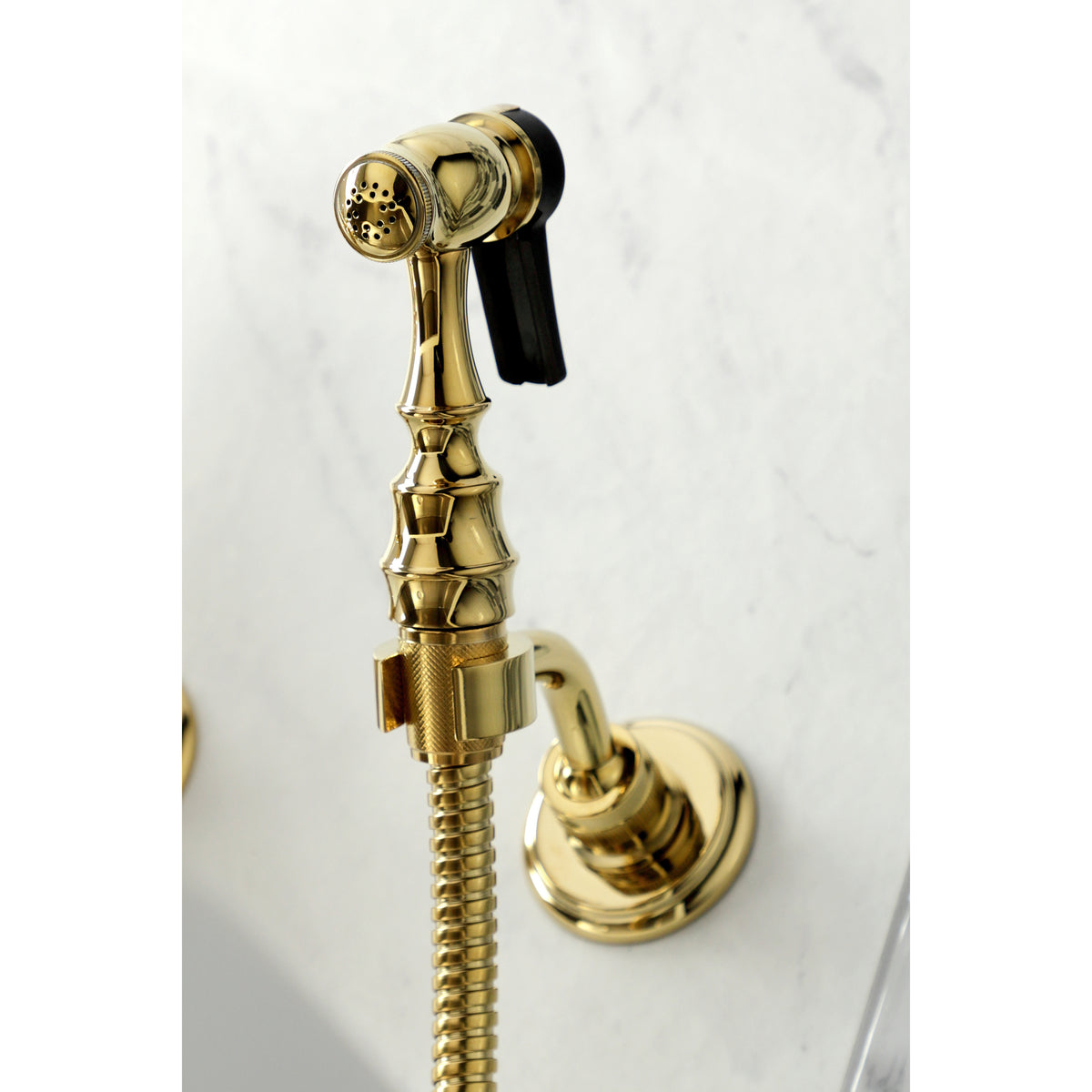 Kingston Brass KS1262PKLBS Duchess Wall Mount Bridge Kitchen Faucet with Brass Sprayer
