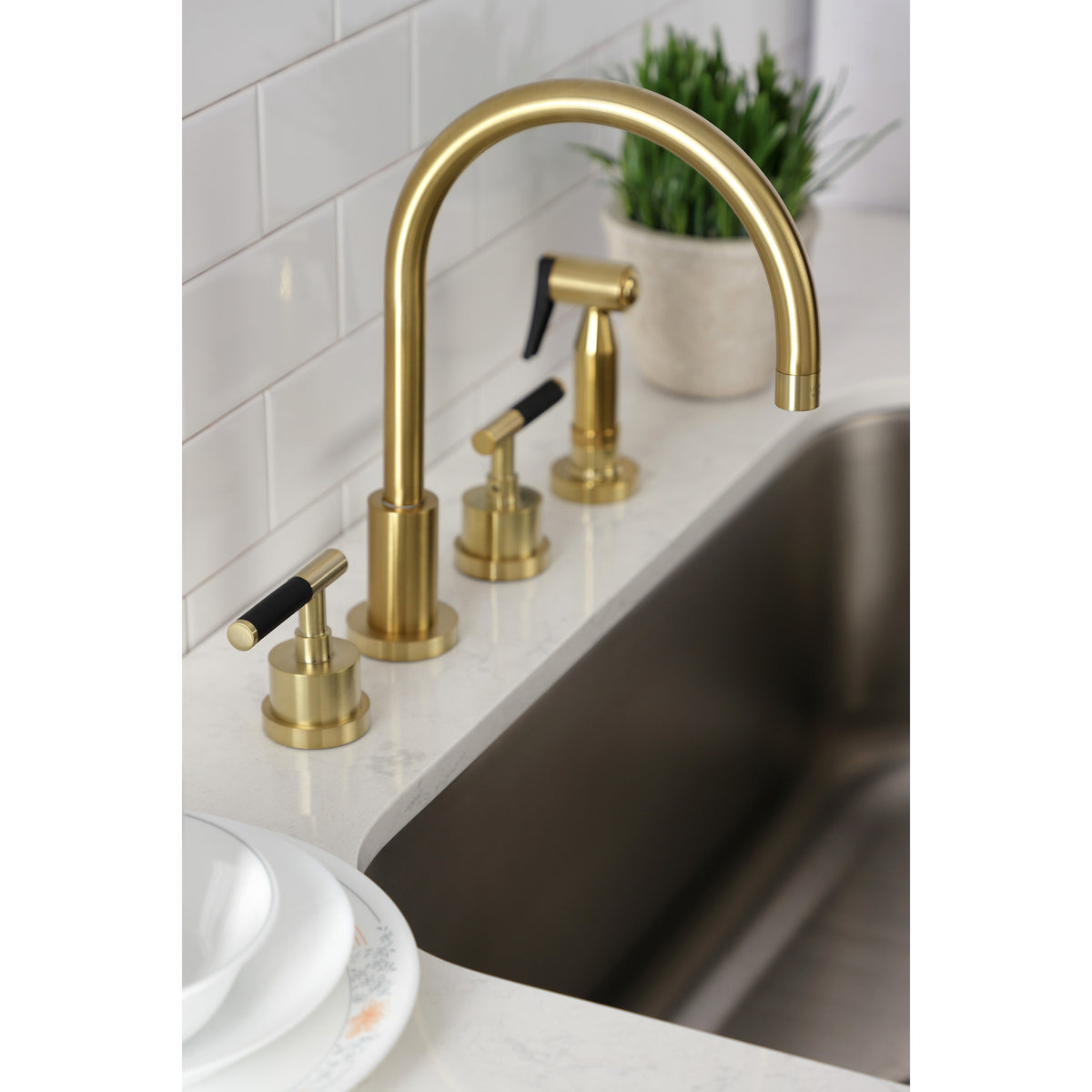 Kingston Brass KS8728CKLBS Kaiser Widespread Kitchen Faucet with Brass Sprayer
