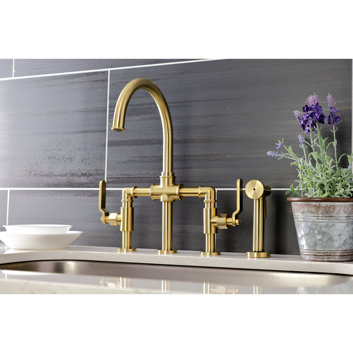 Kingston Brass KS2330KL Whitaker Industrial Style Bridge Kitchen Faucet with Brass Sprayer
