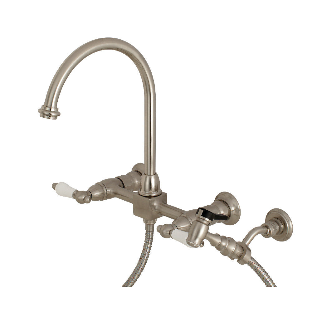 Kingston Brass KS1295PLBS Restoration Wall Mount Bridge Kitchen Faucet with Brass Sprayer