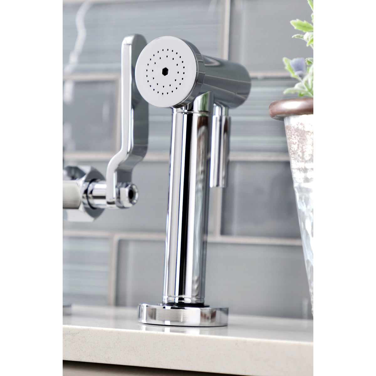 Kingston Brass KS2330KL Whitaker Industrial Style Bridge Kitchen Faucet with Brass Sprayer