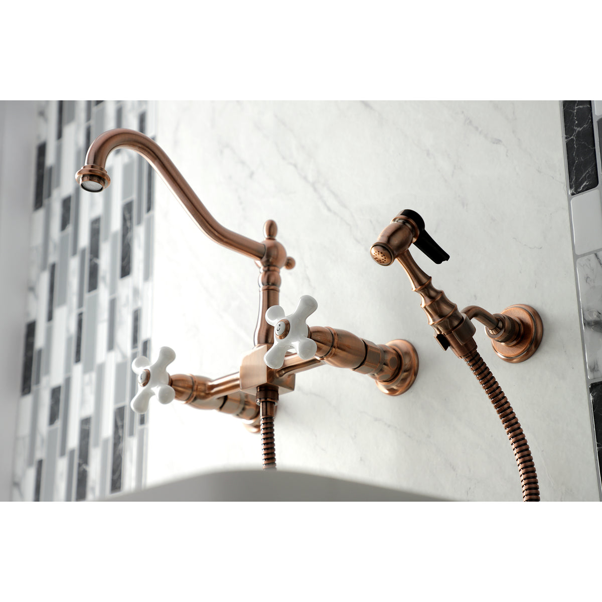 Kingston Brass KS1242PXBS Heritage Wall Mount Bridge Kitchen Faucet with Brass Spray