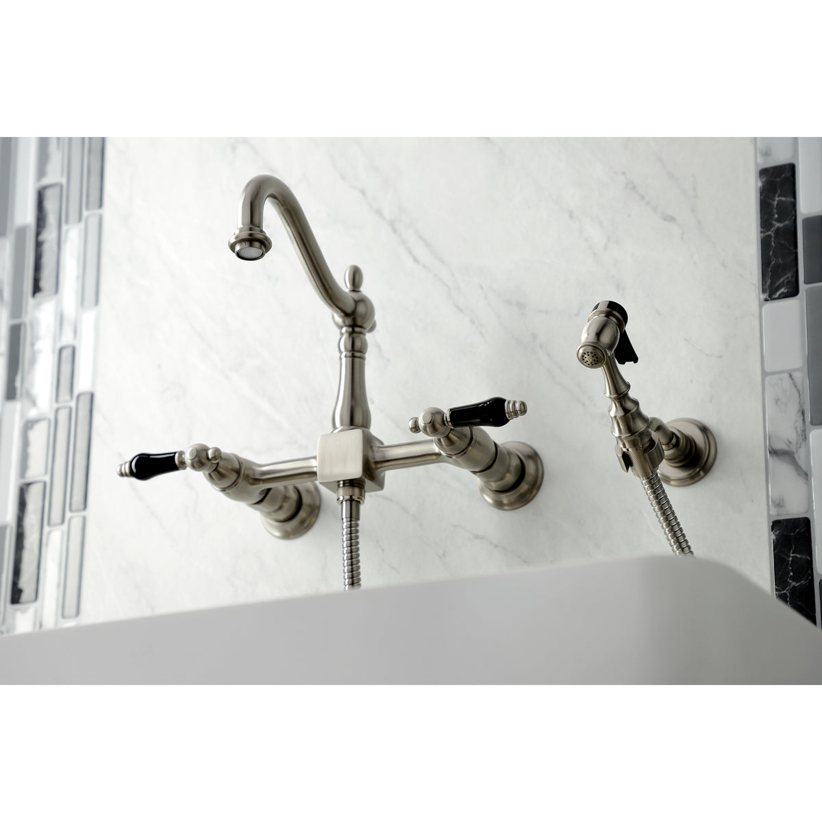 Kingston Brass KS1262PKLBS Duchess Wall Mount Bridge Kitchen Faucet with Brass Sprayer