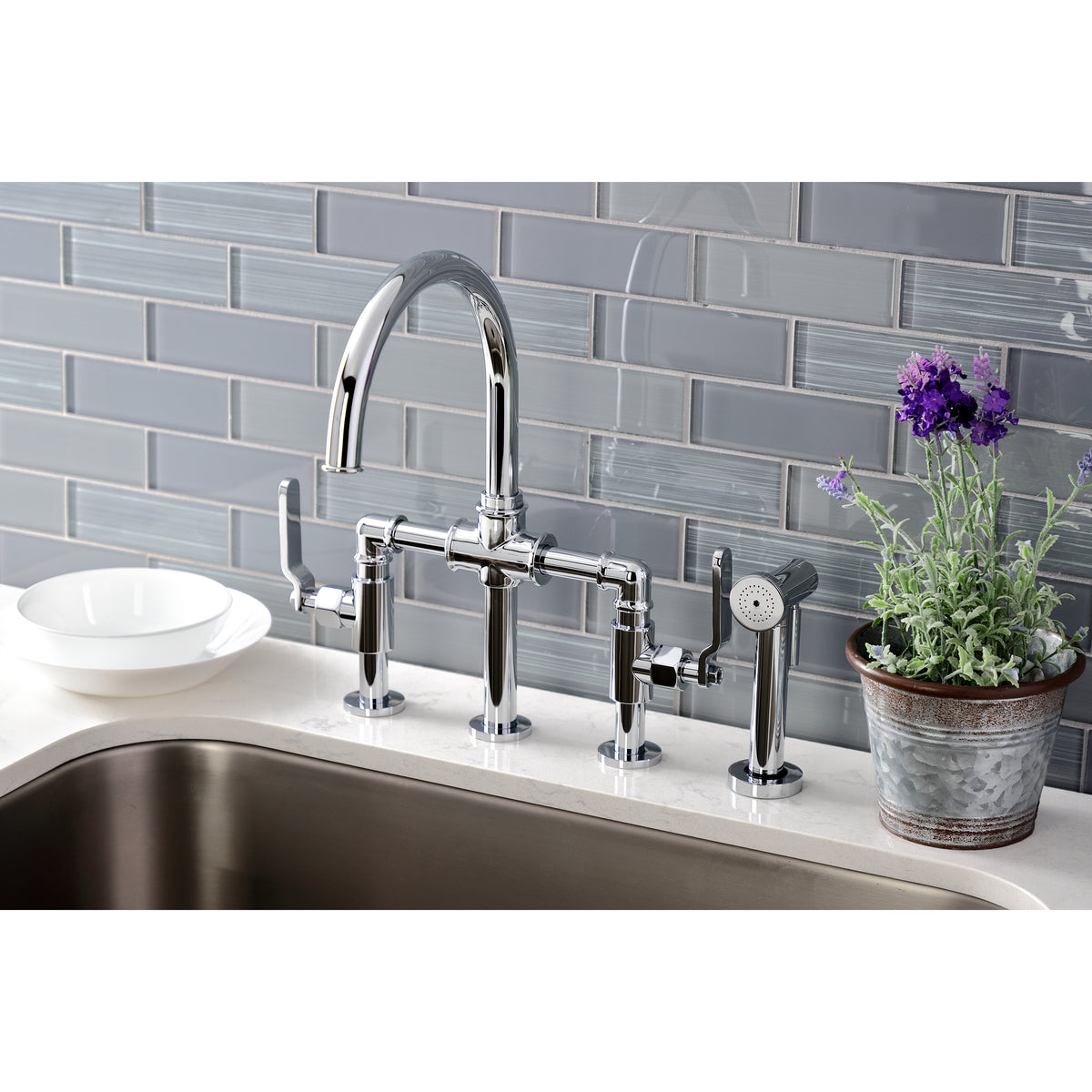 Kingston Brass KS2330KL Whitaker Industrial Style Bridge Kitchen Faucet with Brass Sprayer