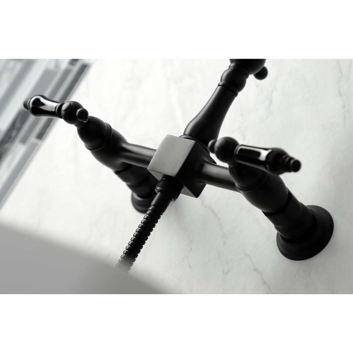 Kingston Brass KS1262PKLBS Duchess Wall Mount Bridge Kitchen Faucet with Brass Sprayer