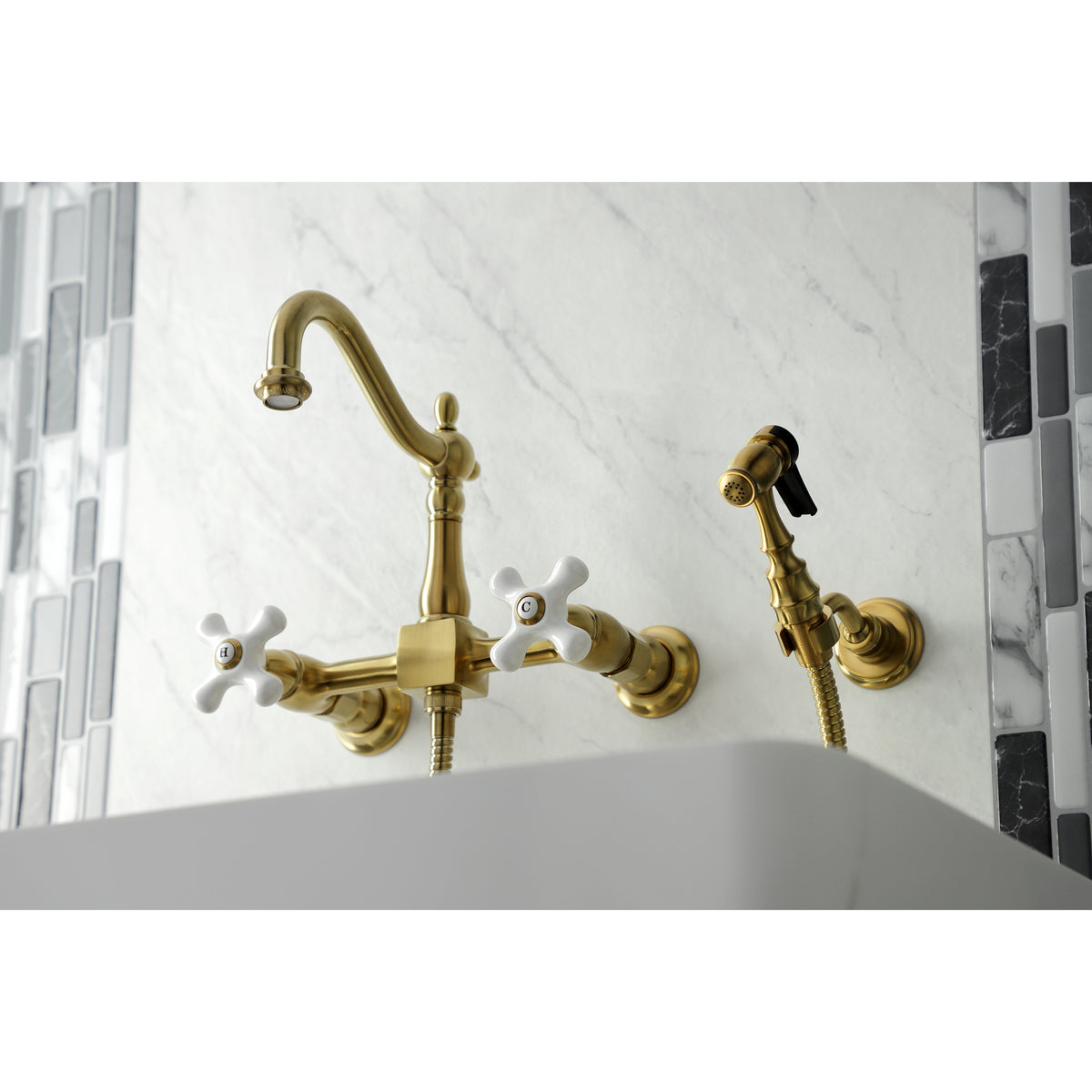 Kingston Brass KS1261PXBS Heritage Wall Mount Bridge Kitchen Faucet with Brass Sprayer