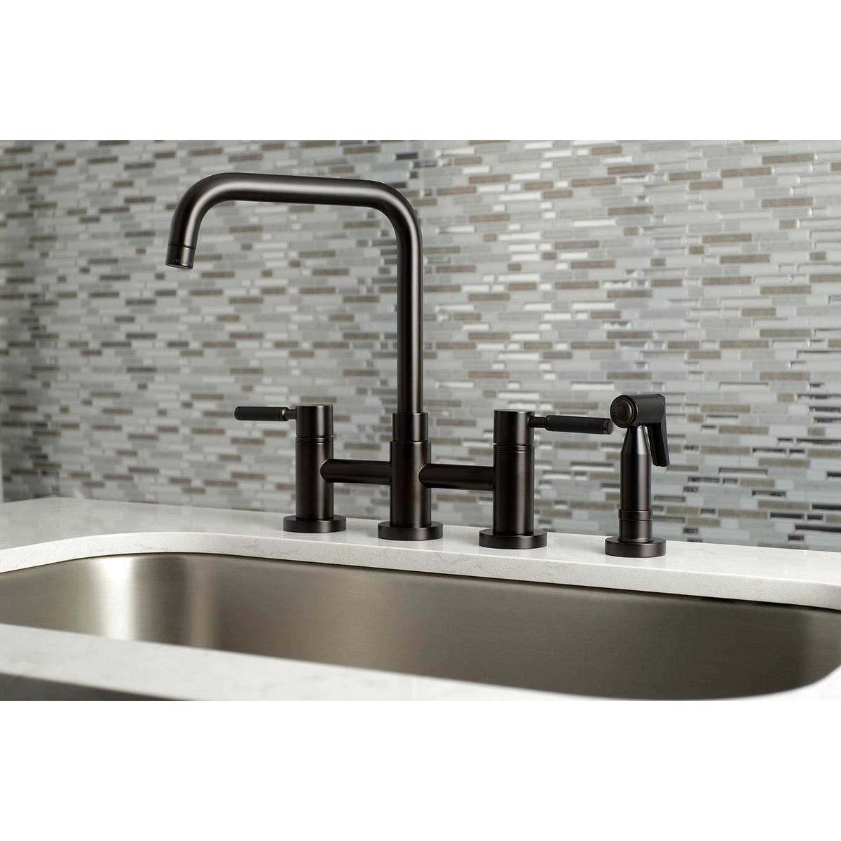 Kingston Brass KS8288DKLBS Concord Two-Handle Bridge Kitchen Faucet with Brass Side Sprayer