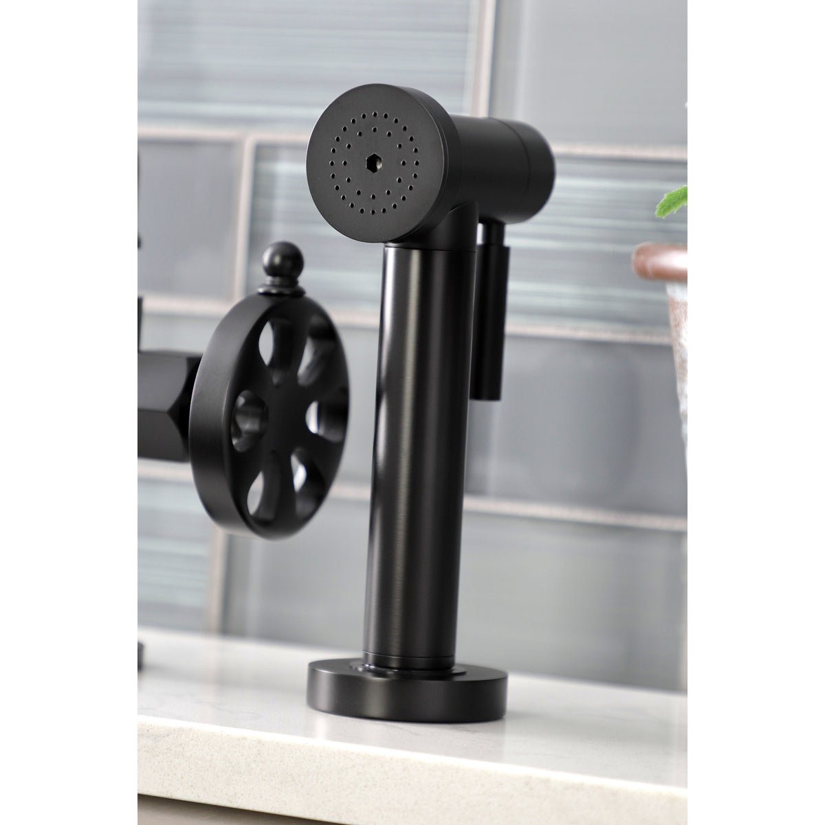 Kingston Brass KS2330RX Belknap Industrial Style Bridge Kitchen Faucet with Brass Sprayer