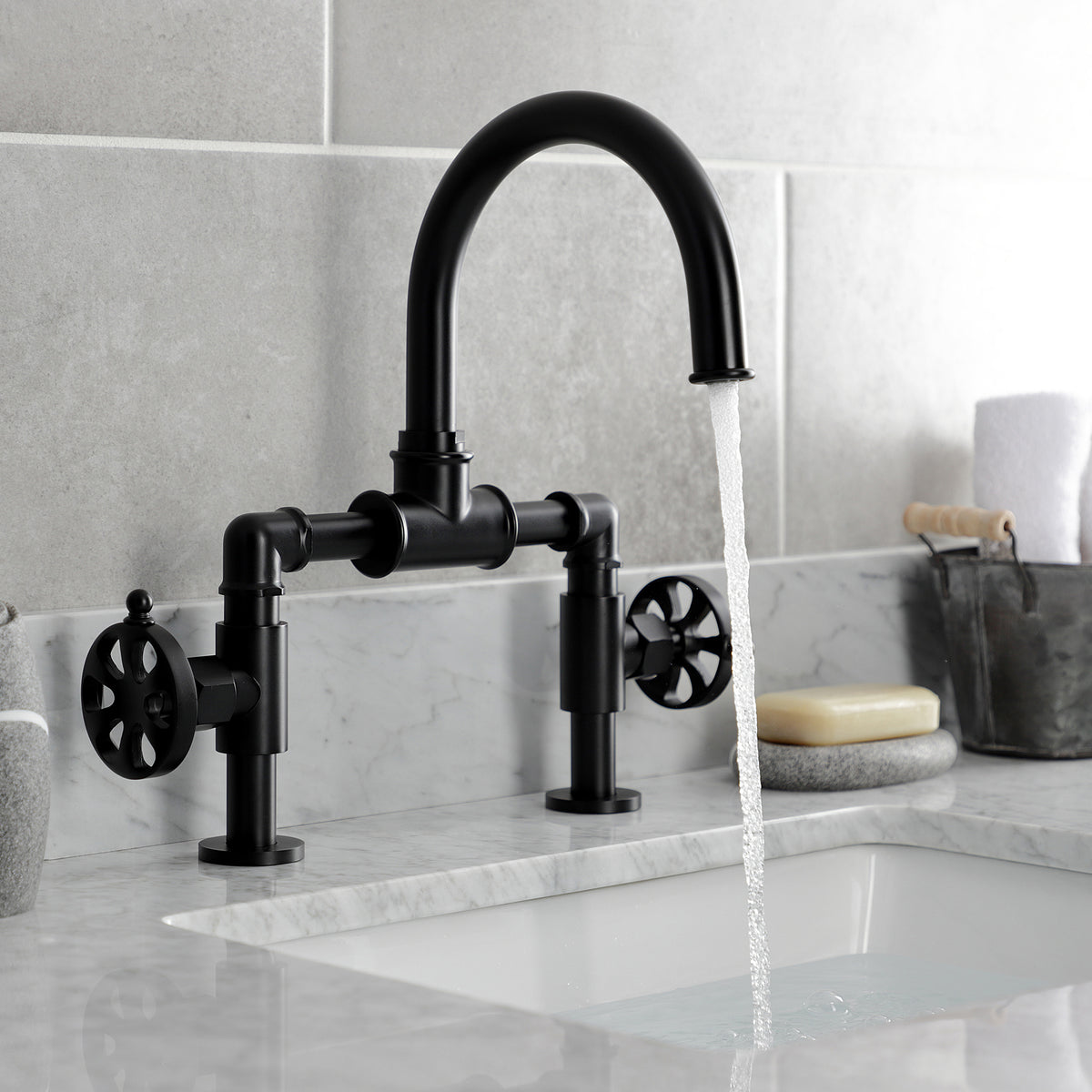 Kingston Brass KS217RXVN Belknap Industrial Style Wheel Handle Bridge Bathroom Faucet with Pop-Up Drain