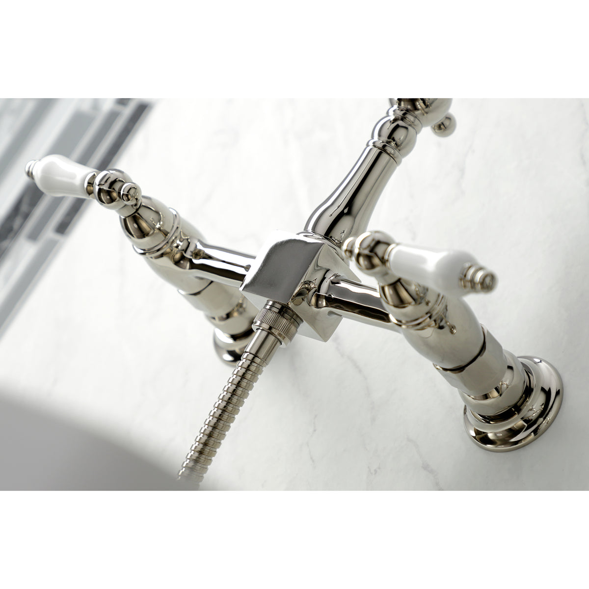 Kingston Brass KS1243PLBS Heritage Wall Mount Bridge Kitchen Faucet with Brass Spray