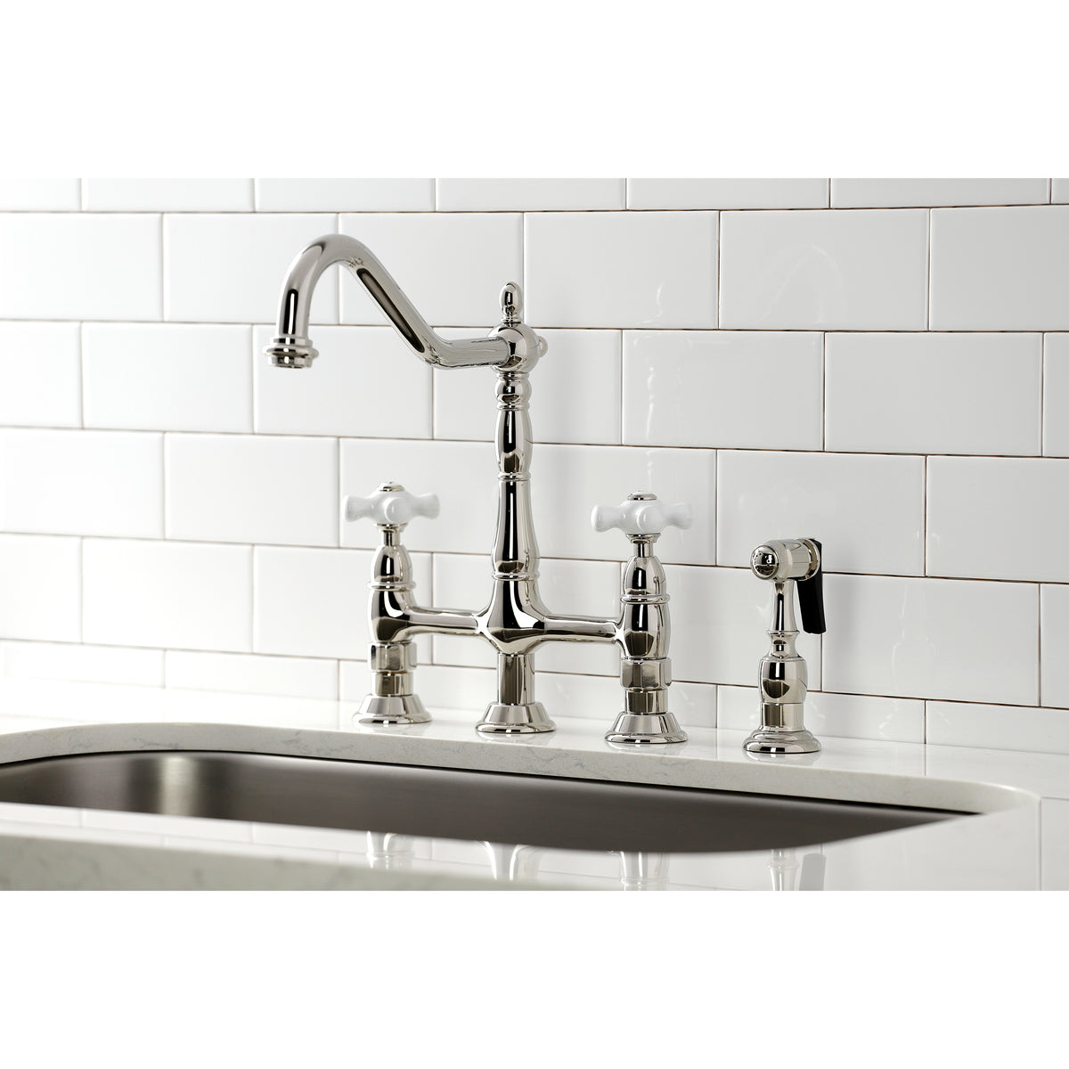 Kingston Brass KS1273PXBS Heritage Bridge Kitchen Faucet with Brass Sprayer