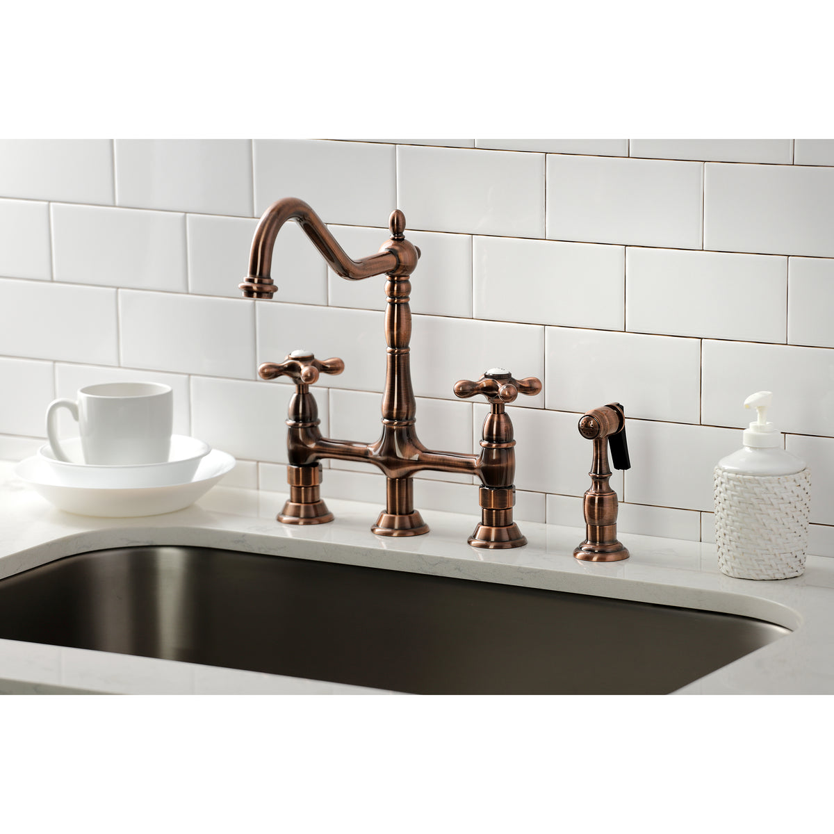 Kingston Brass KS1270AXBS Heritage Bridge Kitchen Faucet with Brass Sprayer