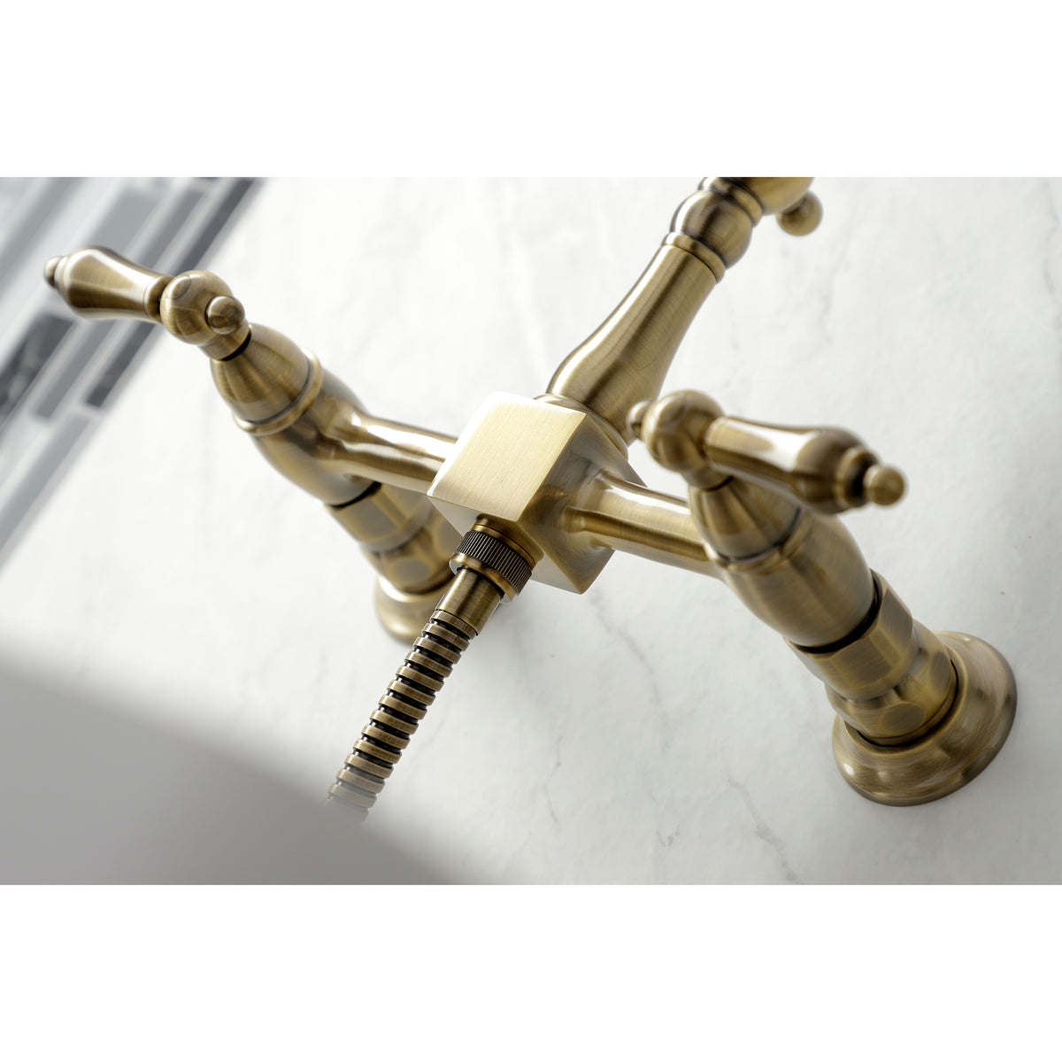 Kingston Brass KS1246ALBS Heritage Wall Mount Bridge Kitchen Faucet with Brass Spray