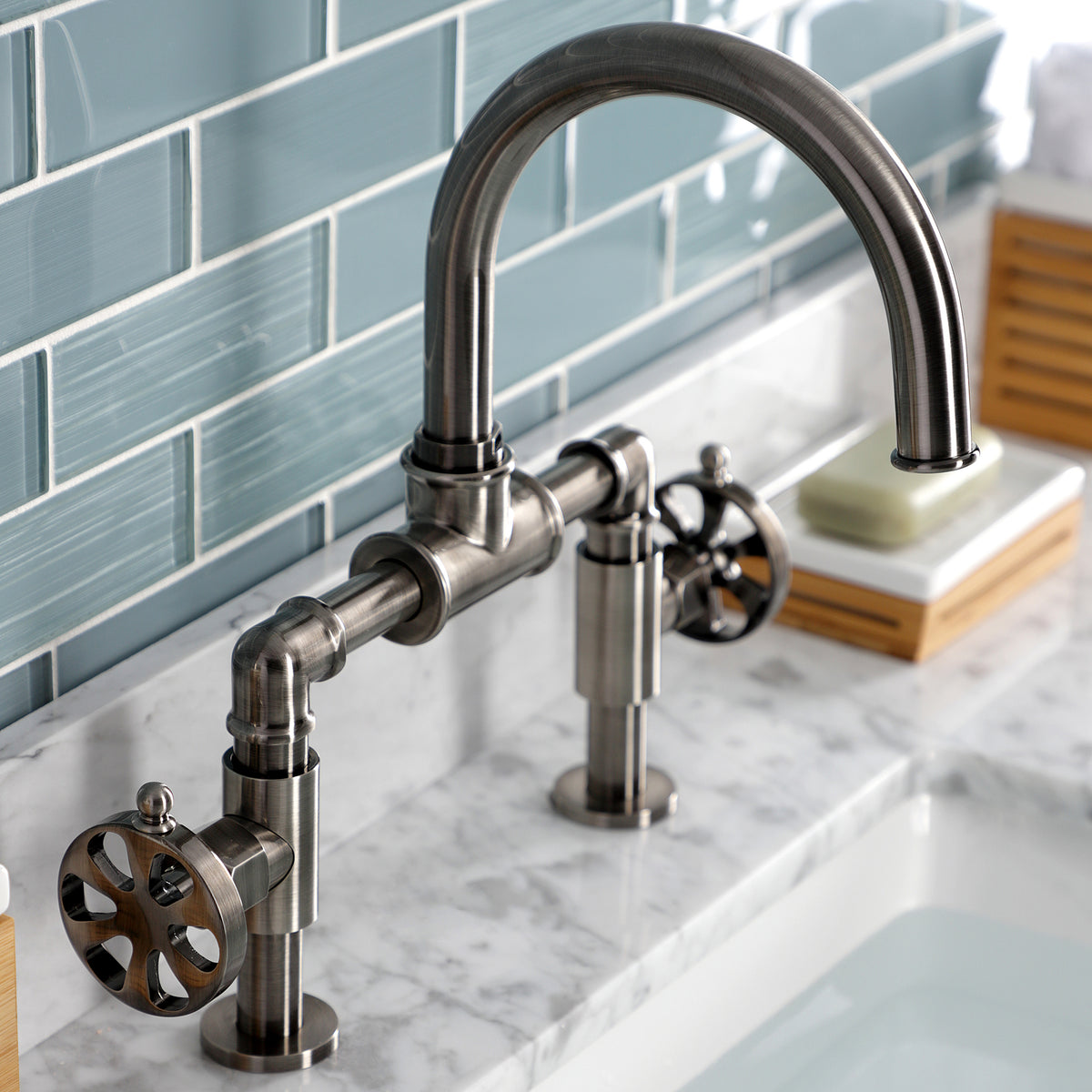 Kingston Brass KS217RXVN Belknap Industrial Style Wheel Handle Bridge Bathroom Faucet with Pop-Up Drain