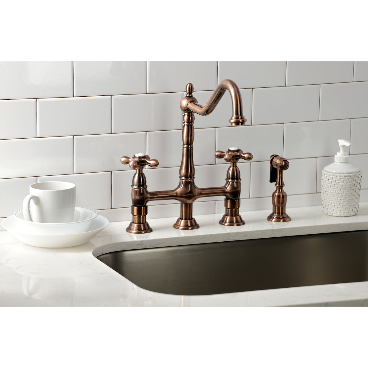 Kingston Brass KS1270AXBS Heritage Bridge Kitchen Faucet with Brass Sprayer