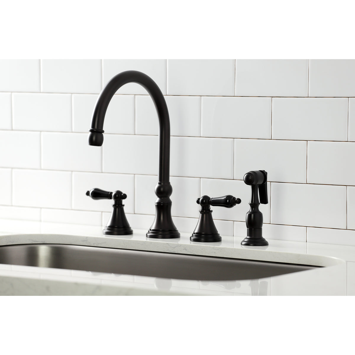 Kingston Brass KS2792PKLBS Duchess Widespread Kitchen Faucet with Brass Sprayer