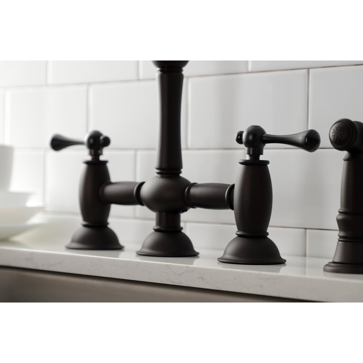 Kingston Brass KS3791BLBS Restoration Bridge Kitchen Faucet with Brass Sprayer