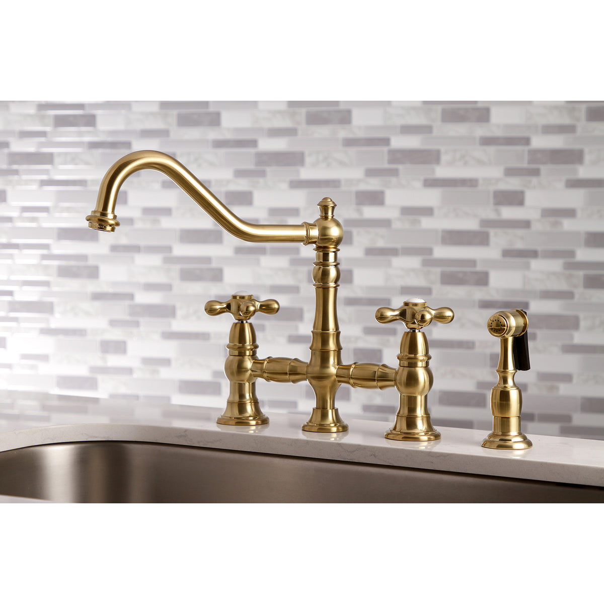 Kingston Brass KS3276AXBS Restoration 8" Bridge Kitchen Faucet with Sprayer