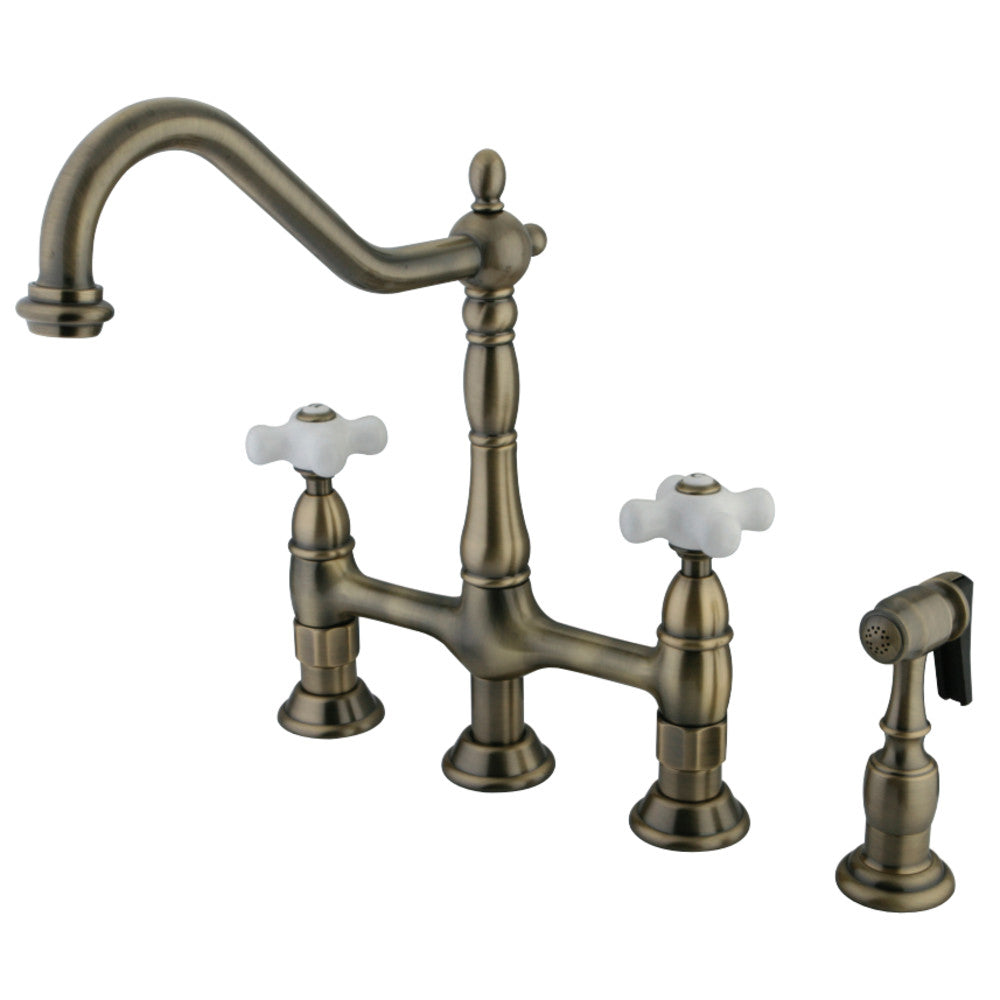 Kingston Brass KS1273PXBS Heritage Bridge Kitchen Faucet with Brass Sprayer