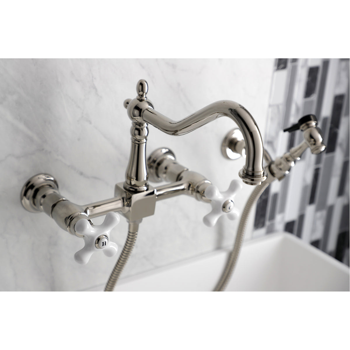 Kingston Brass KS1242PXBS Heritage Wall Mount Bridge Kitchen Faucet with Brass Spray