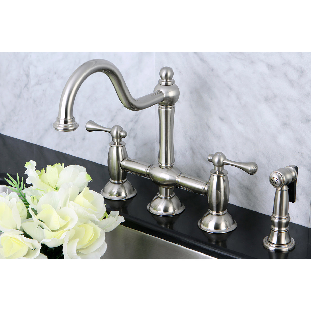 Kingston Brass KS3791BLBS Restoration Bridge Kitchen Faucet with Brass Sprayer