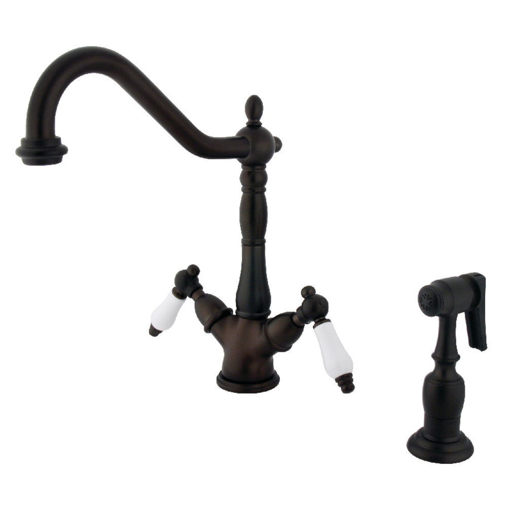 Kingston Brass KS1236PLBS Heritage 2-Handle Kitchen Faucet with Brass Sprayer and 8-Inch Plate