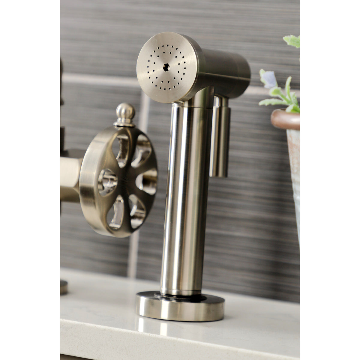 Kingston Brass KS2330RX Belknap Industrial Style Bridge Kitchen Faucet with Brass Sprayer