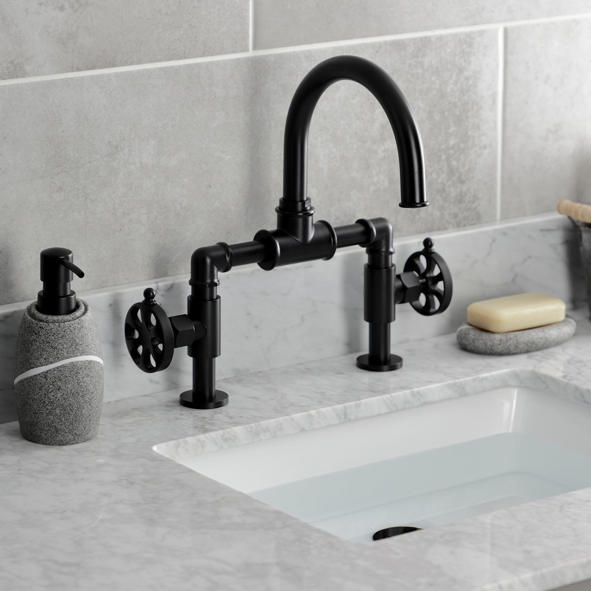Kingston Brass KS217RXVN Belknap Industrial Style Wheel Handle Bridge Bathroom Faucet with Pop-Up Drain