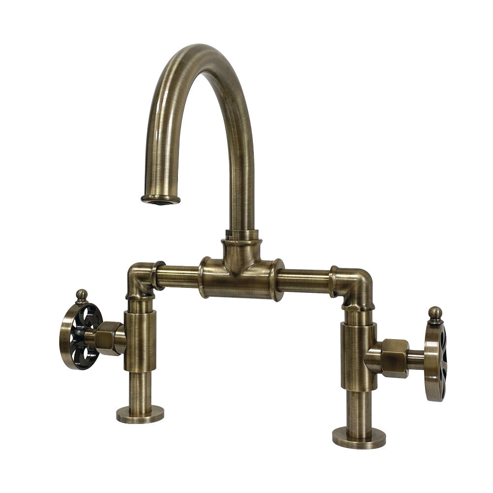 Kingston Brass KS217RXVN Belknap Industrial Style Wheel Handle Bridge Bathroom Faucet with Pop-Up Drain
