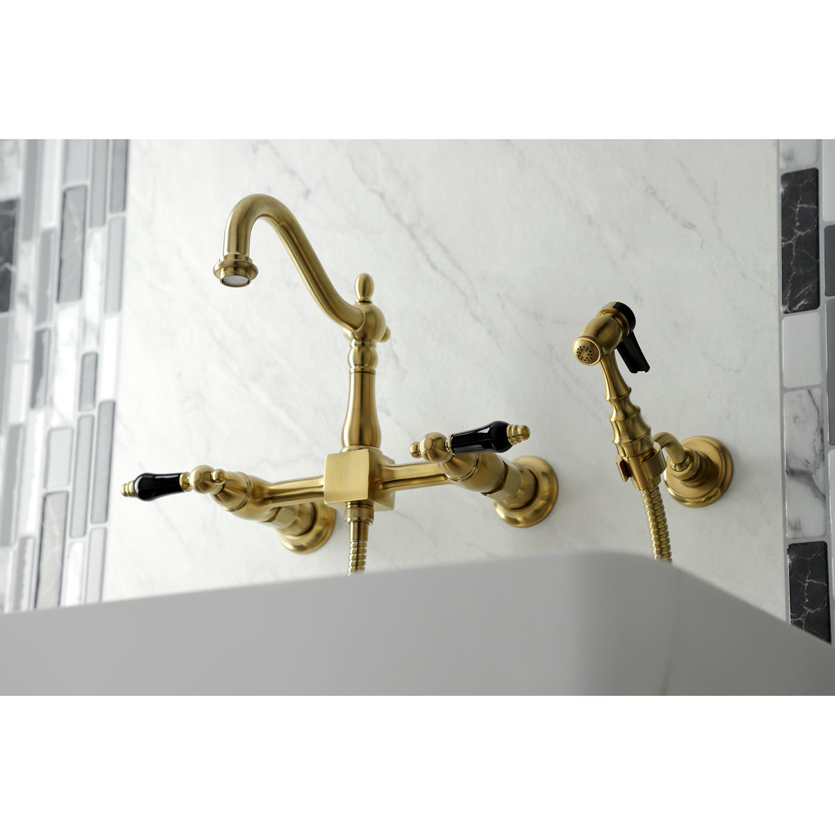 Kingston Brass KS1262PKLBS Duchess Wall Mount Bridge Kitchen Faucet with Brass Sprayer