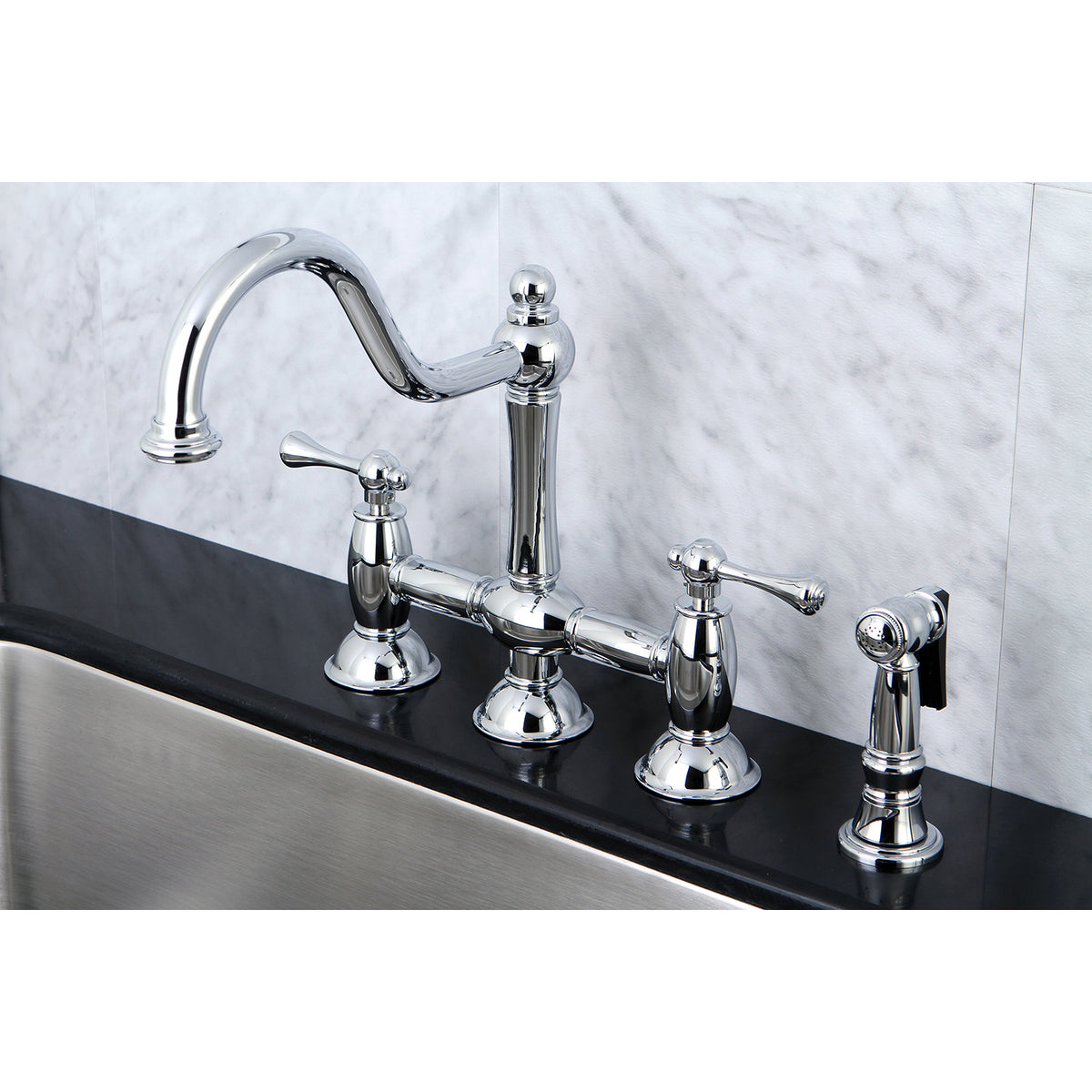 Kingston Brass KS3791BLBS Restoration Bridge Kitchen Faucet with Brass Sprayer