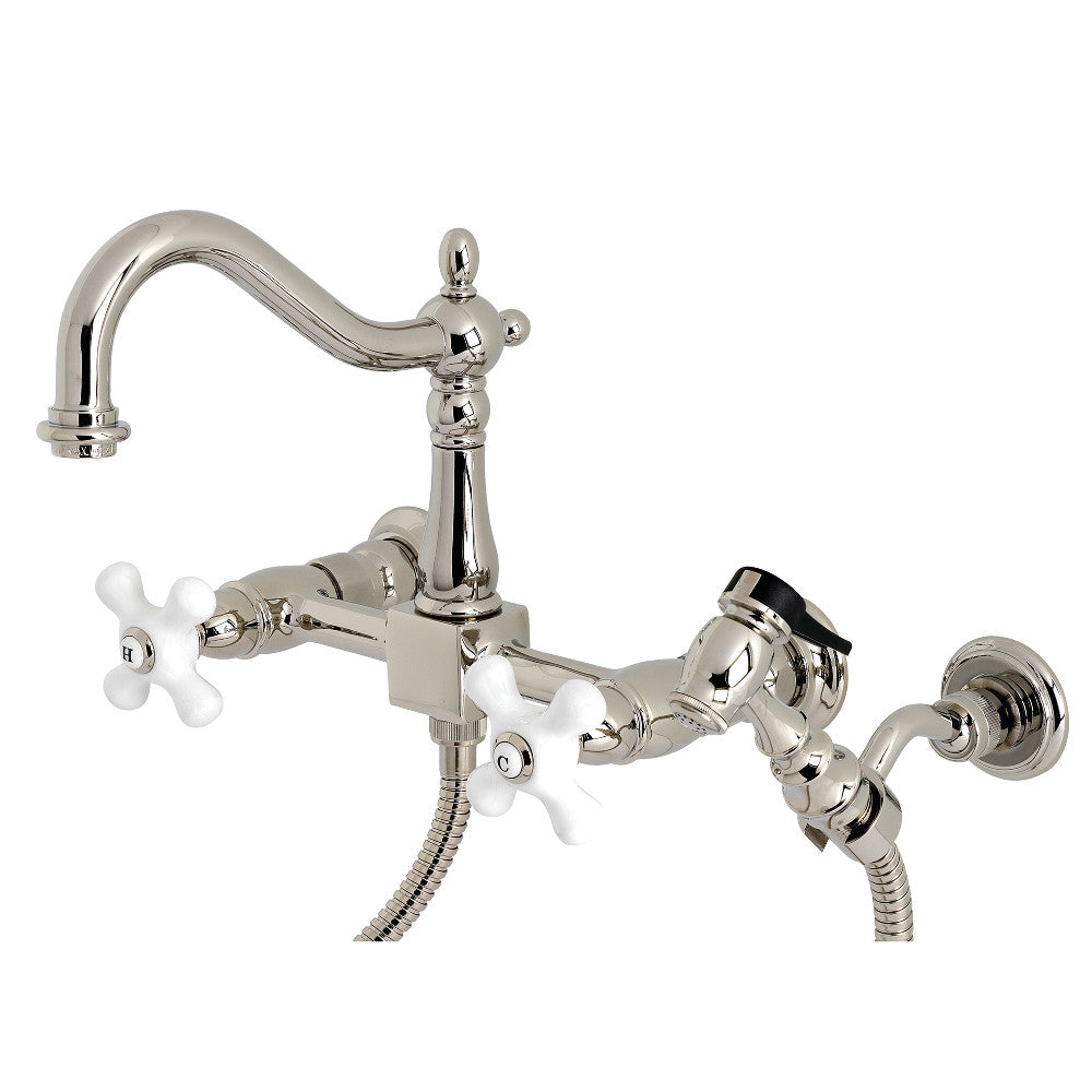 Kingston Brass KS1261PXBS Heritage Wall Mount Bridge Kitchen Faucet with Brass Sprayer