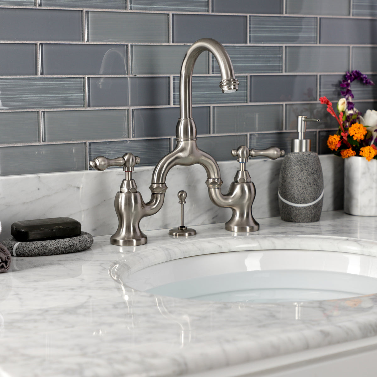 Kingston Brass KS7995AL English Country Bridge Bathroom Faucet with Brass Pop-Up