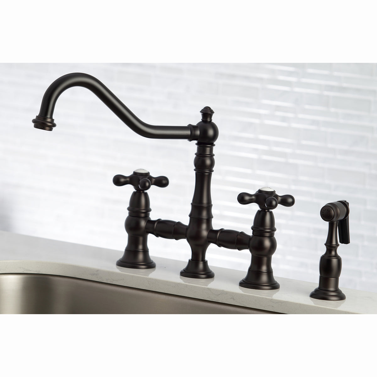 Kingston Brass KS3276AXBS Restoration 8" Bridge Kitchen Faucet with Sprayer