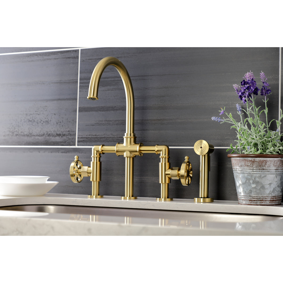 Kingston Brass KS2330RX Belknap Industrial Style Bridge Kitchen Faucet with Brass Sprayer
