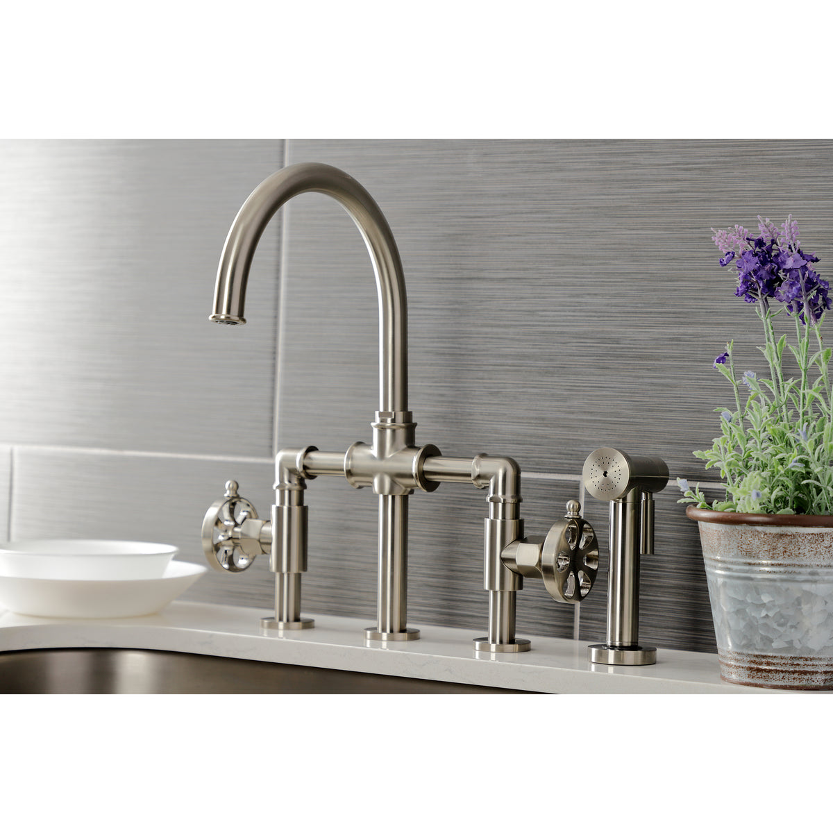 Kingston Brass KS2330RX Belknap Industrial Style Bridge Kitchen Faucet with Brass Sprayer