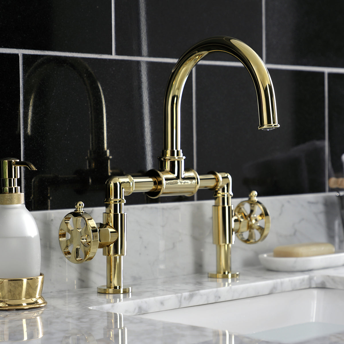 Kingston Brass KS217RXVN Belknap Industrial Style Wheel Handle Bridge Bathroom Faucet with Pop-Up Drain