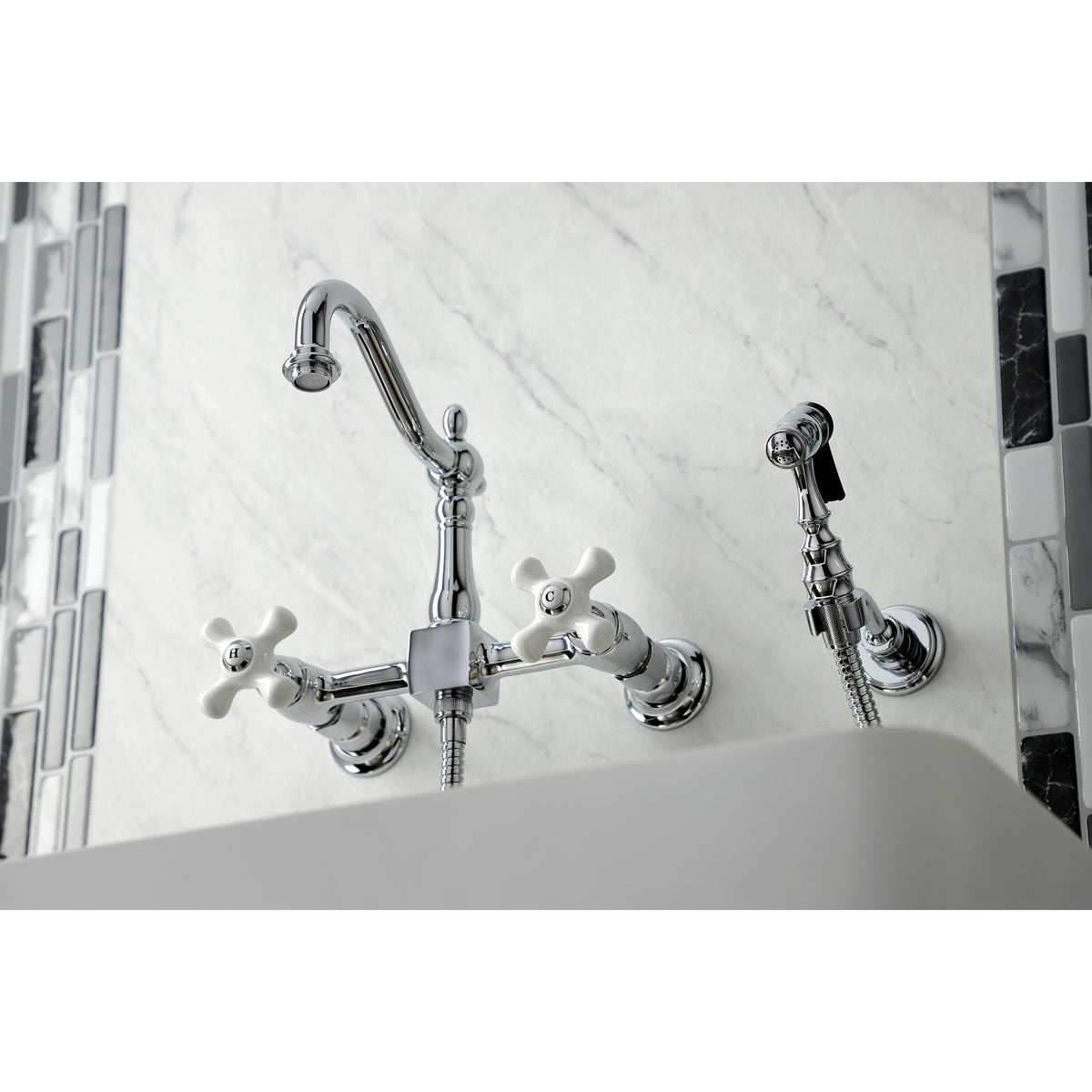 Kingston Brass KS1261PXBS Heritage Wall Mount Bridge Kitchen Faucet with Brass Sprayer